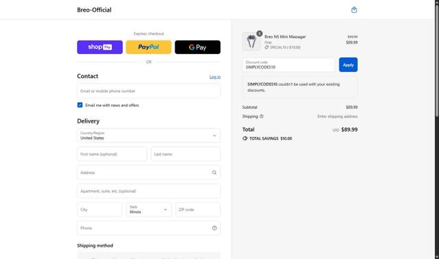 Breo checkout page showing Breo promo code box | Screenshot taken by SimplyCodes community member on Aug 26, 2025