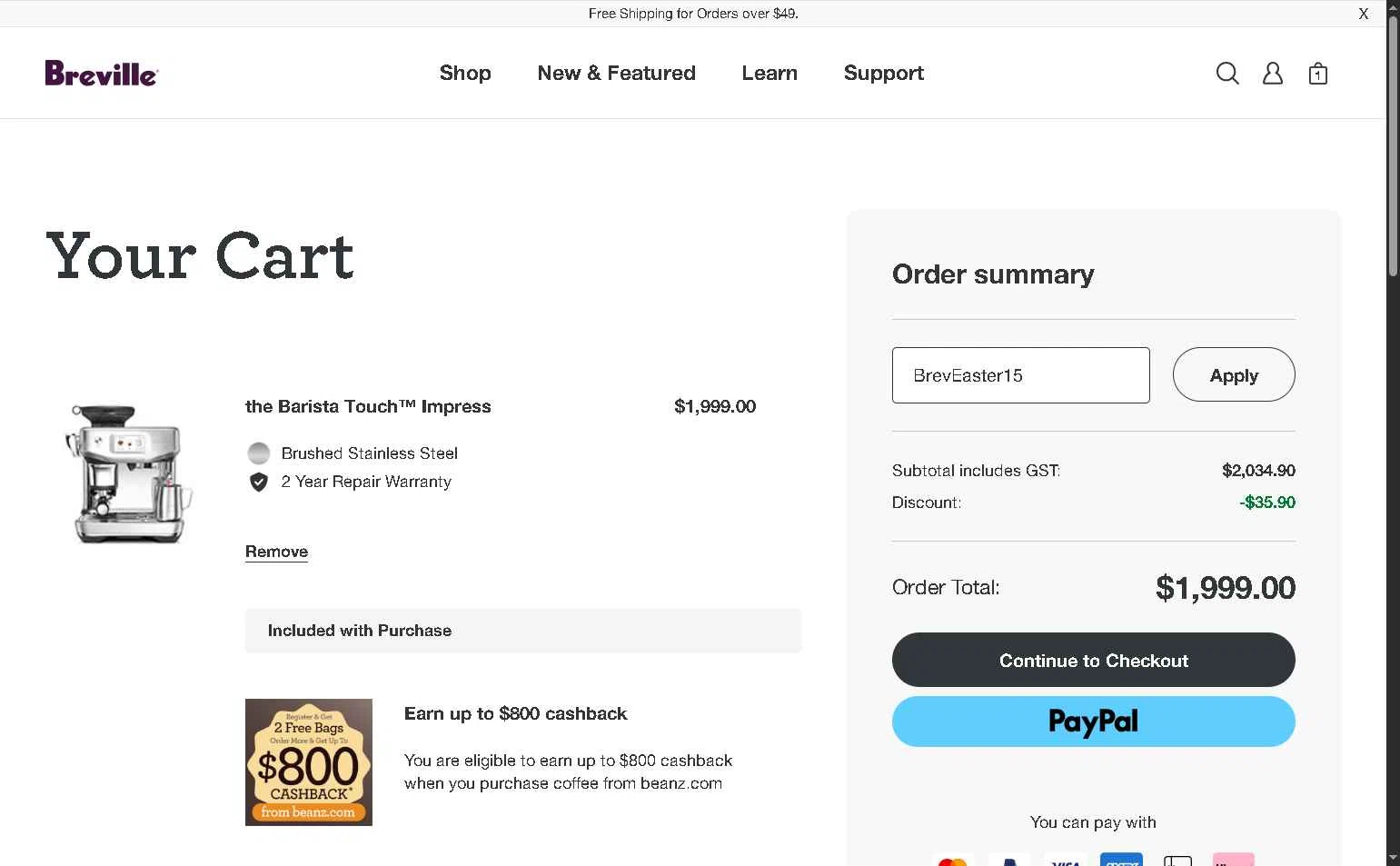 Breville checkout page showing Breville promo code box | Screenshot taken by SimplyCodes community member on May 30, 2025