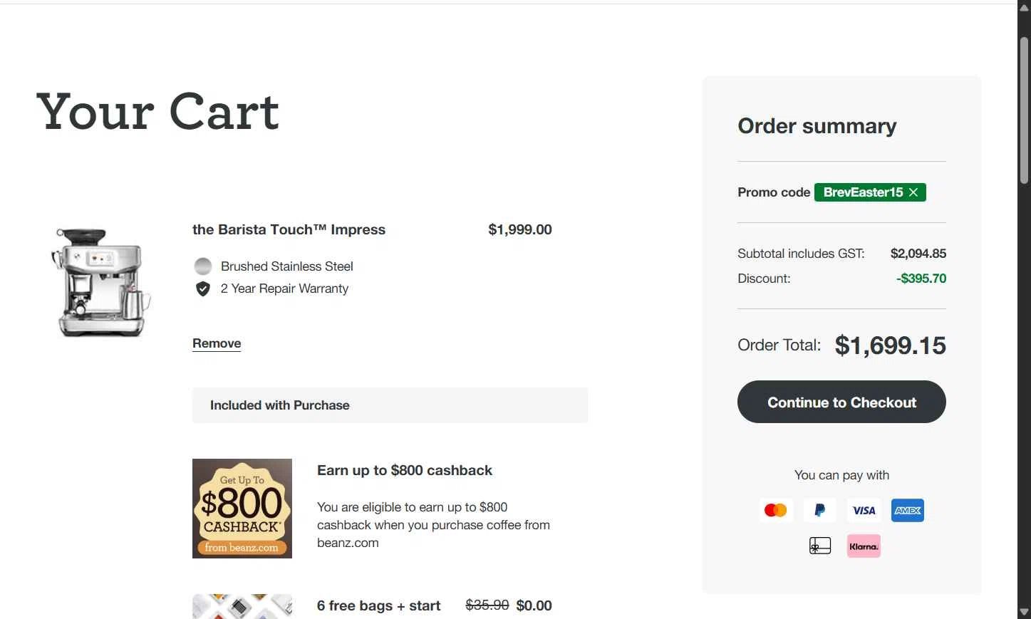 Breville checkout page showing Breville promo code box | Screenshot taken by SimplyCodes community member on Apr 8, 2025