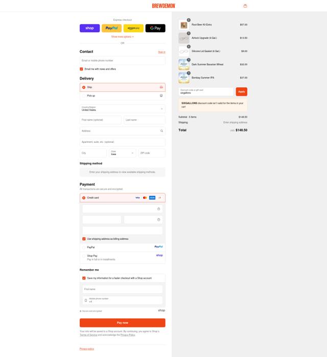BrewDemon checkout page showing BrewDemon discount code box | Screenshot taken by SimplyCodes community member on Sep 10, 2025