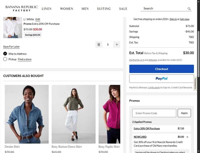 Banana Republic Factory checkout page showing Banana Republic Factory promo code box | Screenshot taken by SimplyCodes community member on Aug 28, 2025
