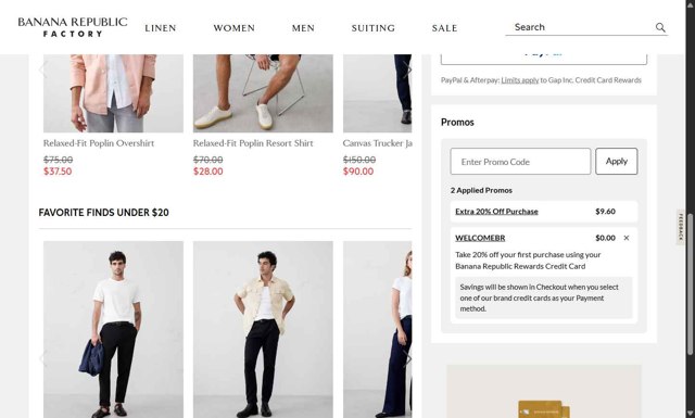 Banana Republic Factory checkout page showing Banana Republic Factory promo code box | Screenshot taken by SimplyCodes community member on Aug 19, 2025