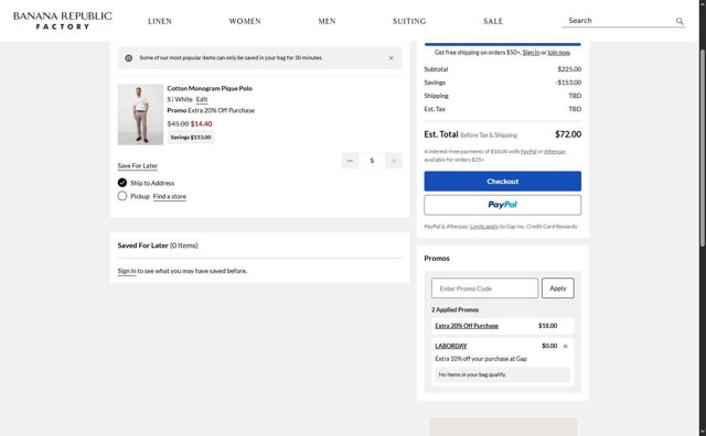 Banana Republic Factory checkout page showing Banana Republic Factory promo code box | Screenshot taken by SimplyCodes community member on Aug 29, 2025