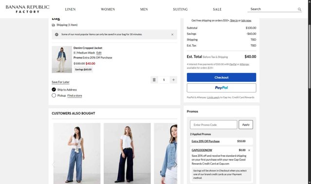 Banana Republic Factory checkout page showing Banana Republic Factory promo code box | Screenshot taken by SimplyCodes community member on Aug 27, 2025