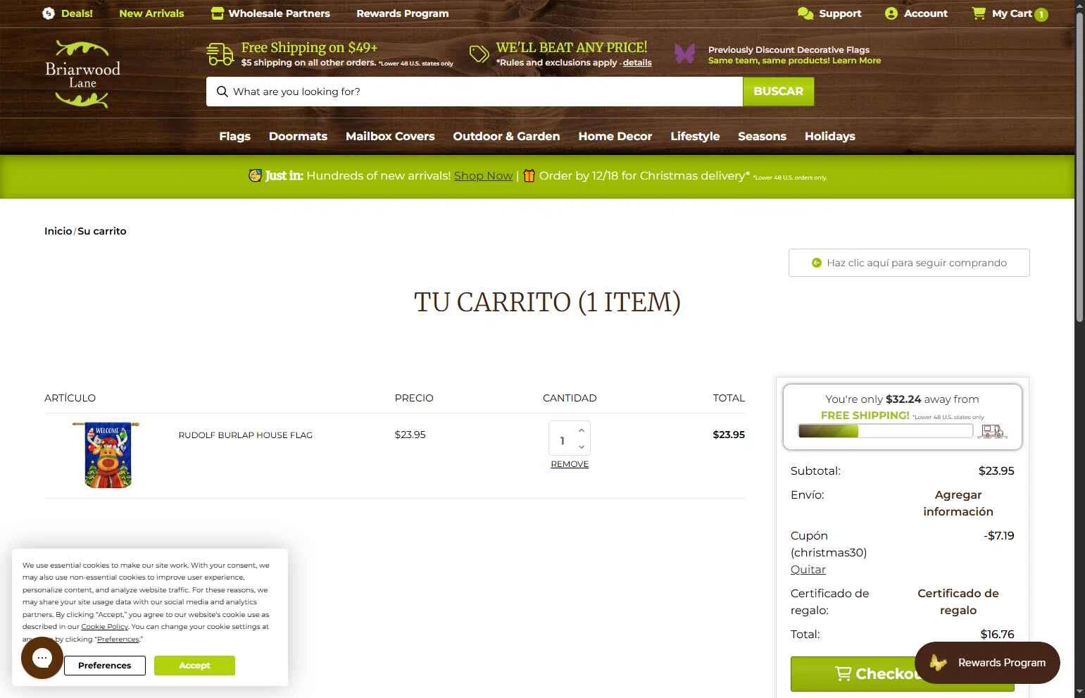 Briarwood Lane checkout page showing Briarwood Lane coupon code box | Screenshot taken by SimplyCodes community member on Dec 16, 2025