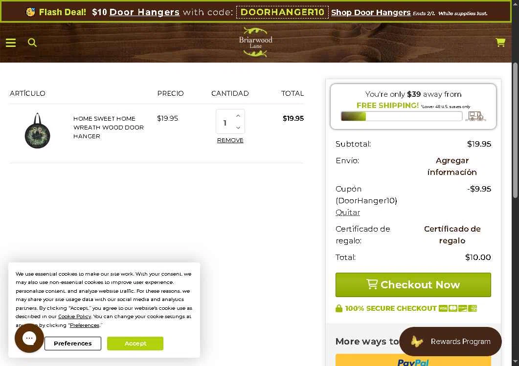 Briarwood Lane checkout page showing Briarwood Lane coupon code box | Screenshot taken by SimplyCodes community member on Jan 29, 2026