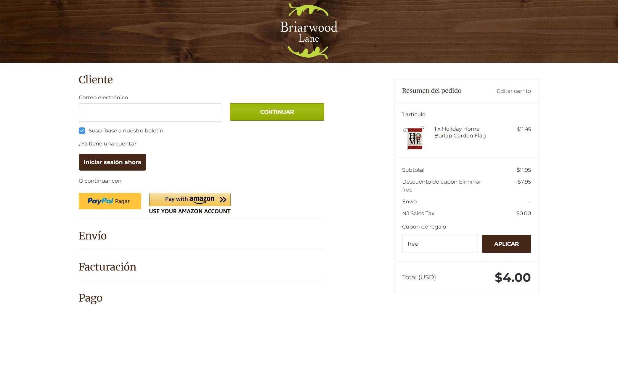 Briarwood Lane checkout page showing Briarwood Lane coupon code box | Screenshot taken by SimplyCodes community member on Dec 7, 2025