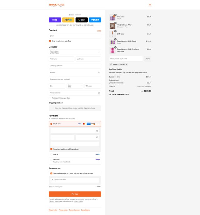 BrickHouse Nutrition checkout page showing BrickHouse Nutrition discount code box | Screenshot taken by SimplyCodes community member on Sep 6, 2025