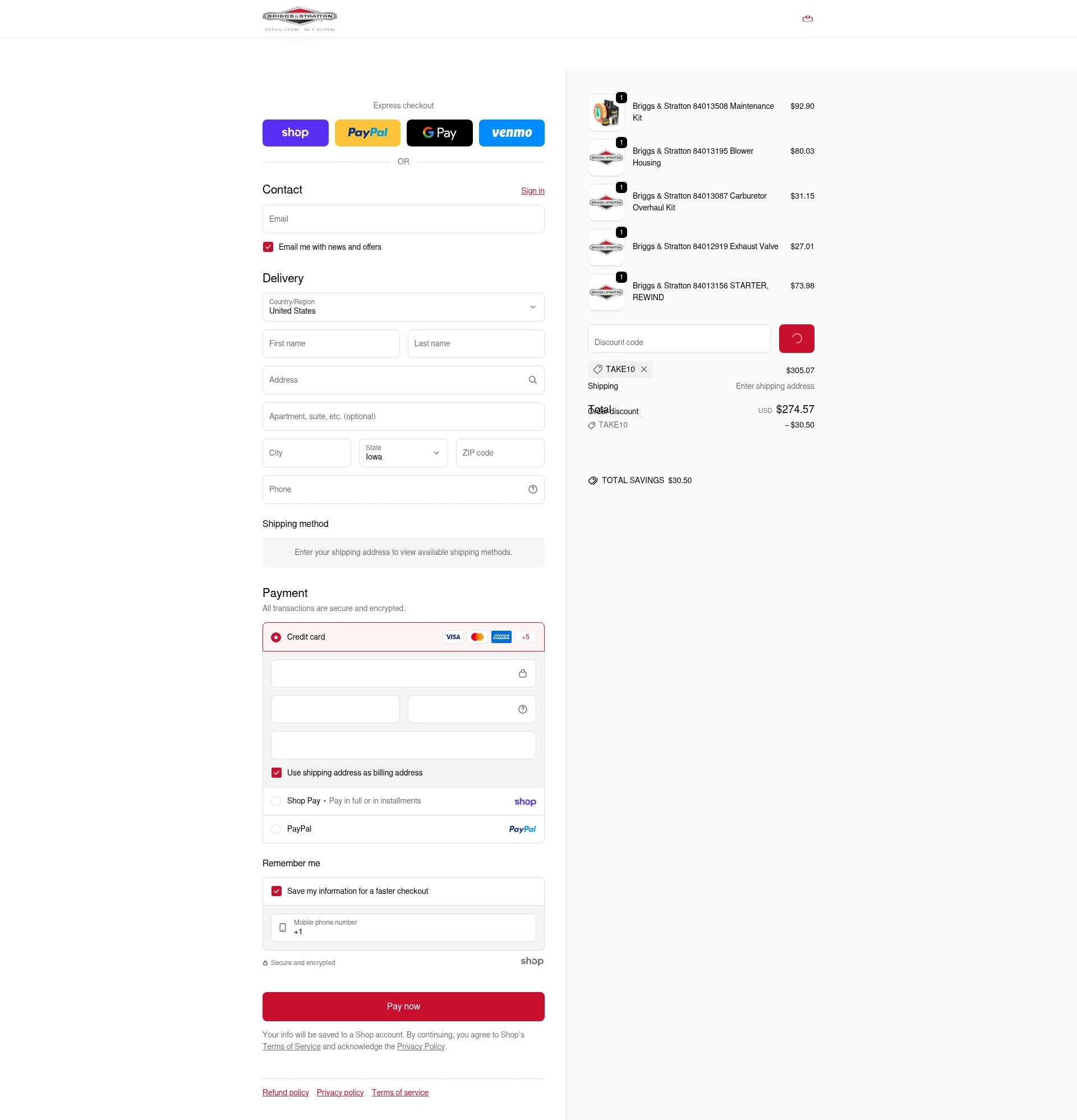 Briggs And Stratton checkout page showing Briggs And Stratton discount code box | Screenshot taken by SimplyCodes community member on Jan 24, 2026