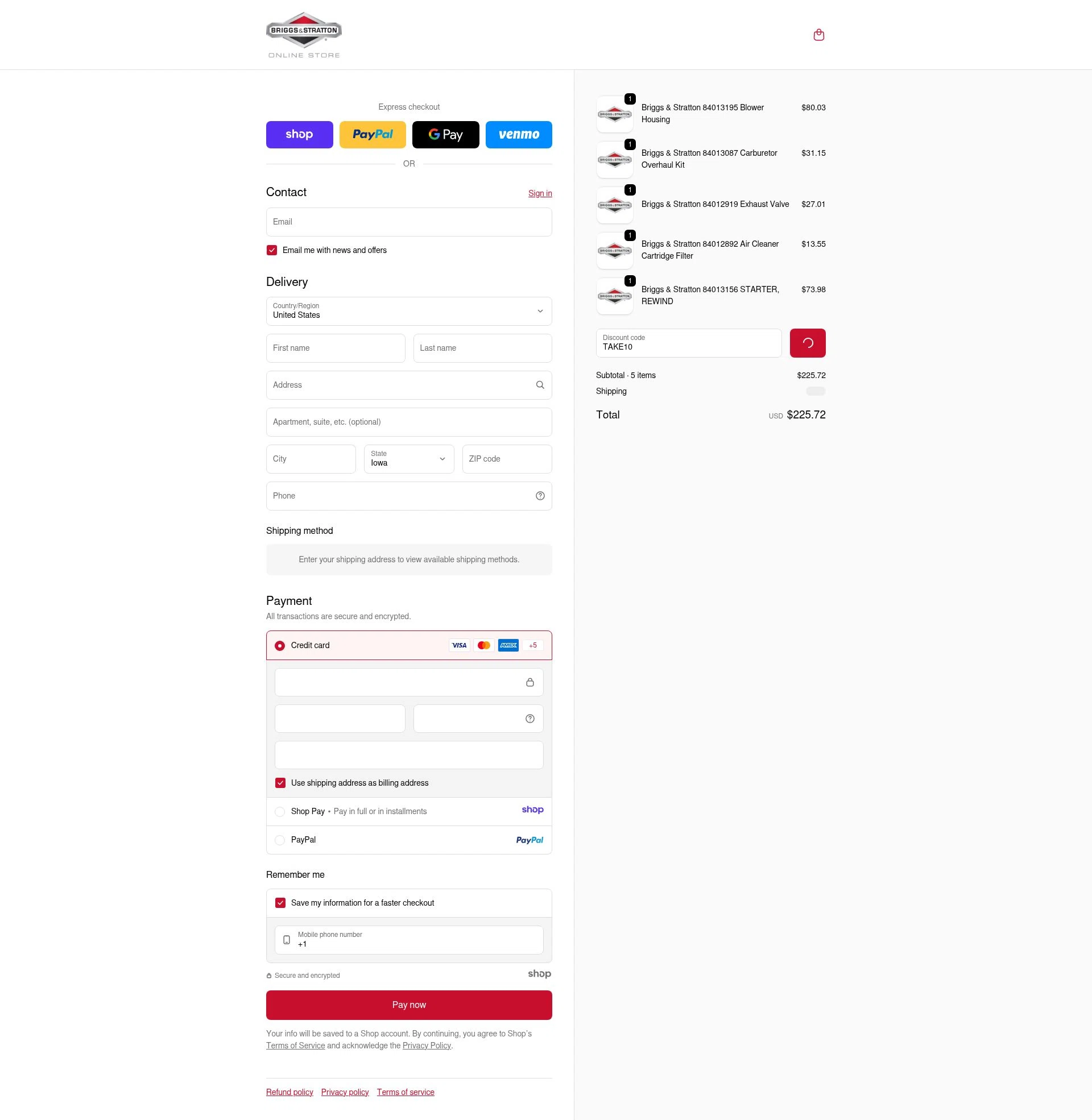 Briggs And Stratton checkout page showing Briggs And Stratton discount code box | Screenshot taken by SimplyCodes community member on Dec 30, 2025