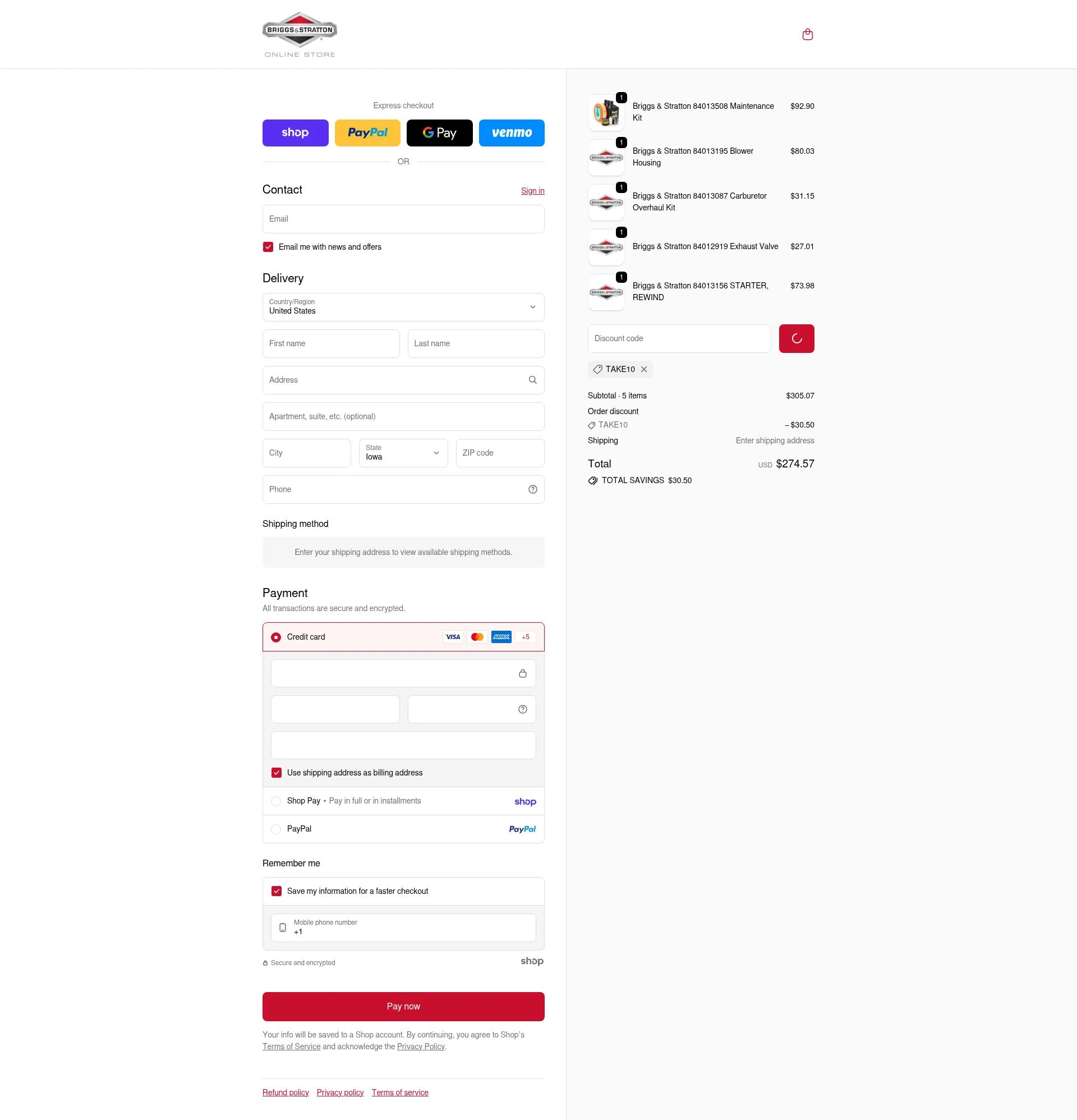 Briggs And Stratton checkout page showing Briggs And Stratton discount code box | Screenshot taken by SimplyCodes community member on Jan 28, 2026