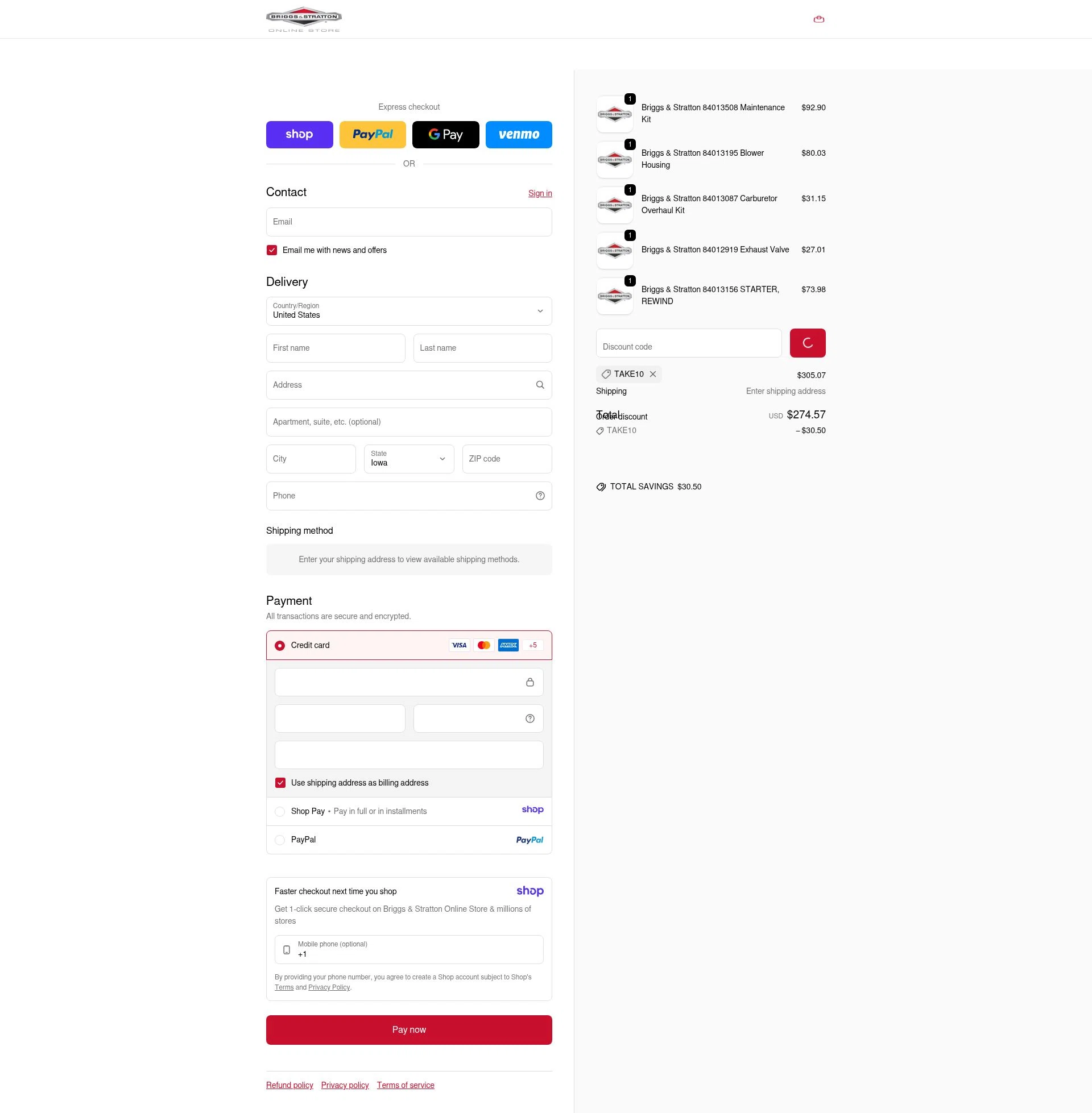 Briggs And Stratton checkout page showing Briggs And Stratton discount code box | Screenshot taken by SimplyCodes community member on Jan 9, 2026