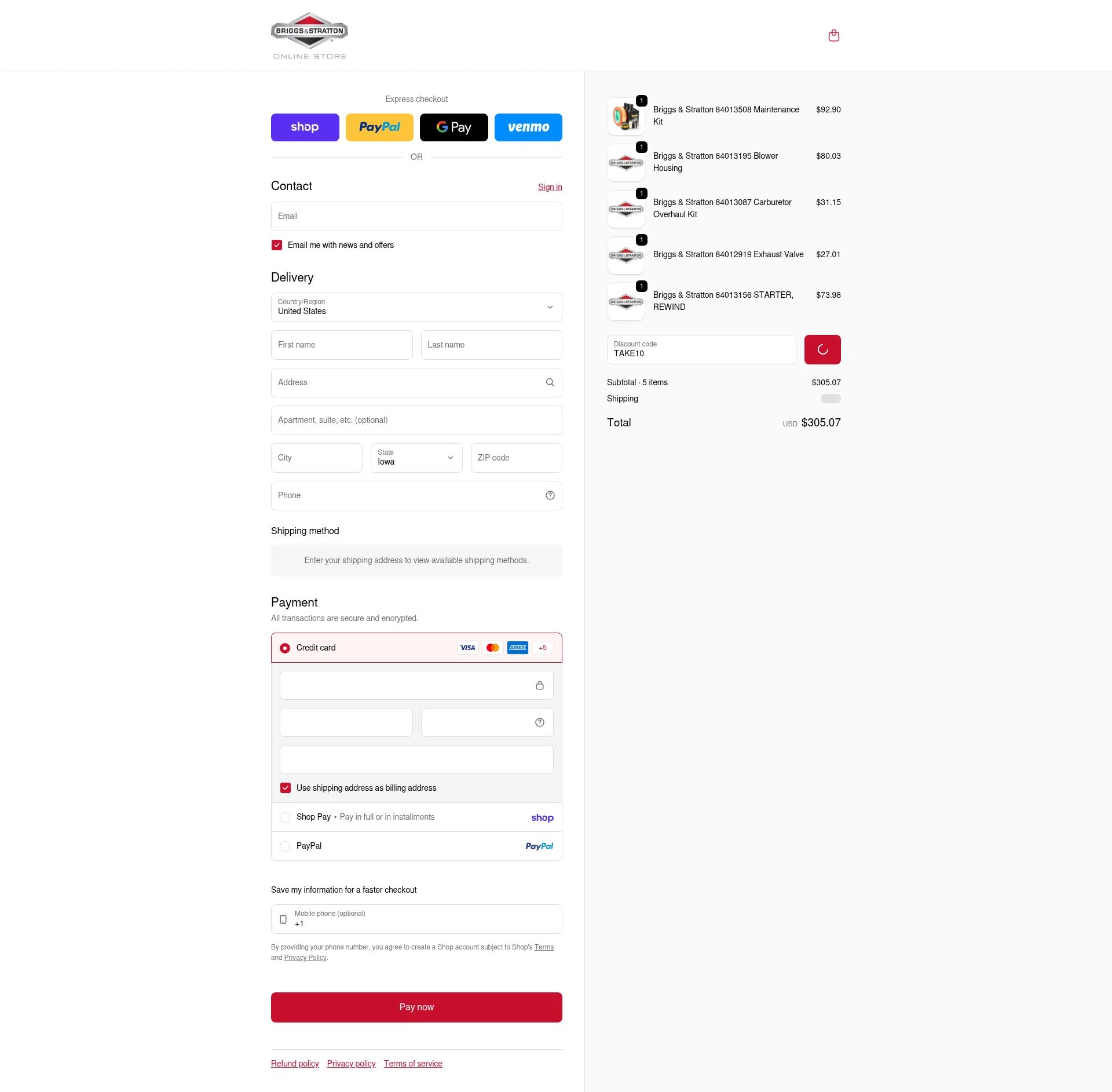 Briggs And Stratton checkout page showing Briggs And Stratton discount code box | Screenshot taken by SimplyCodes community member on Feb 2, 2026