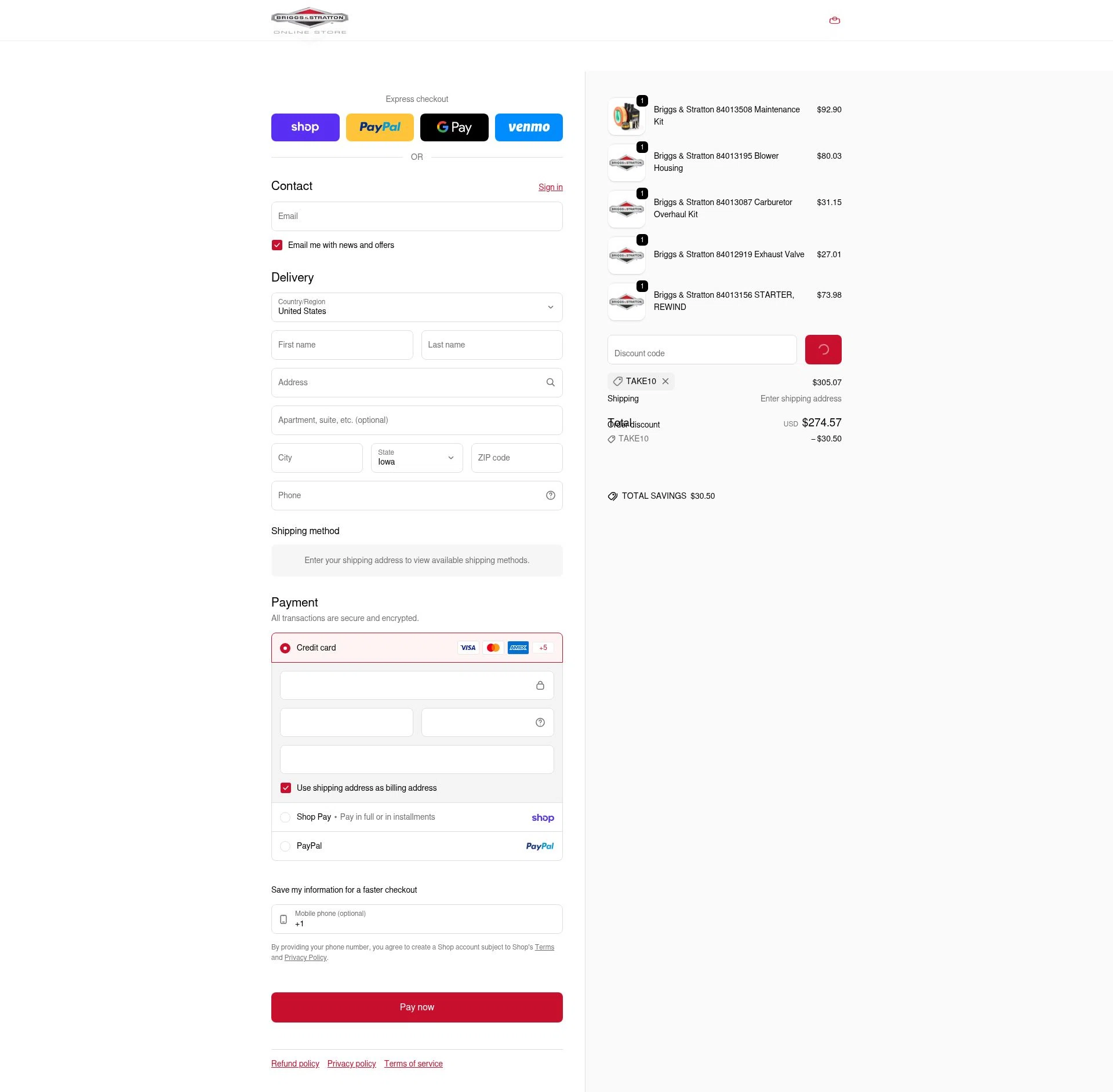 Briggs And Stratton checkout page showing Briggs And Stratton discount code box | Screenshot taken by SimplyCodes community member on Feb 6, 2026