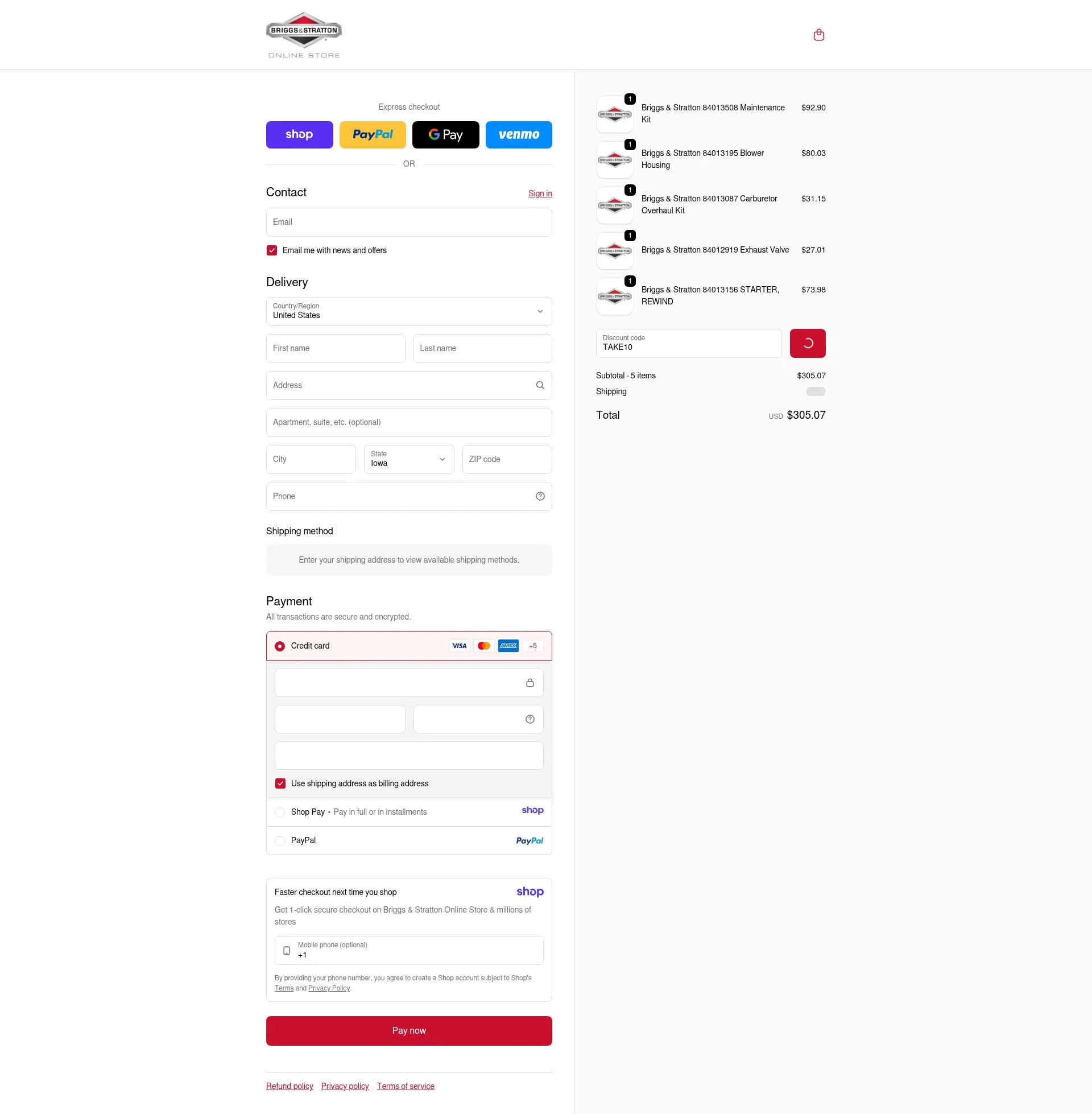 Briggs And Stratton checkout page showing Briggs And Stratton discount code box | Screenshot taken by SimplyCodes community member on Jan 14, 2026
