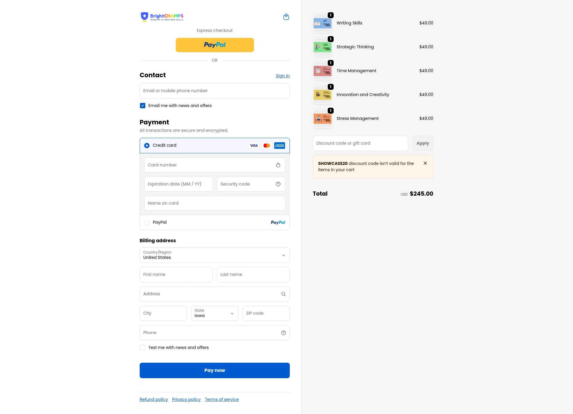 BrightChamps checkout page showing BrightChamps promo code box | Screenshot taken by SimplyCodes community member on Feb 14, 2026