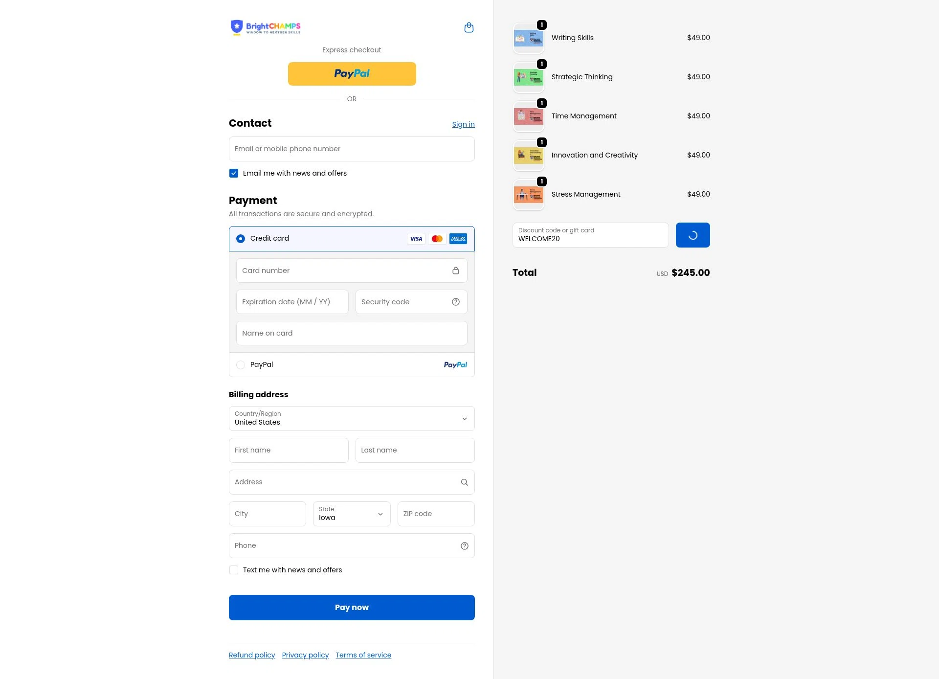 BrightChamps checkout page showing BrightChamps promo code box | Screenshot taken by SimplyCodes community member on Feb 14, 2026