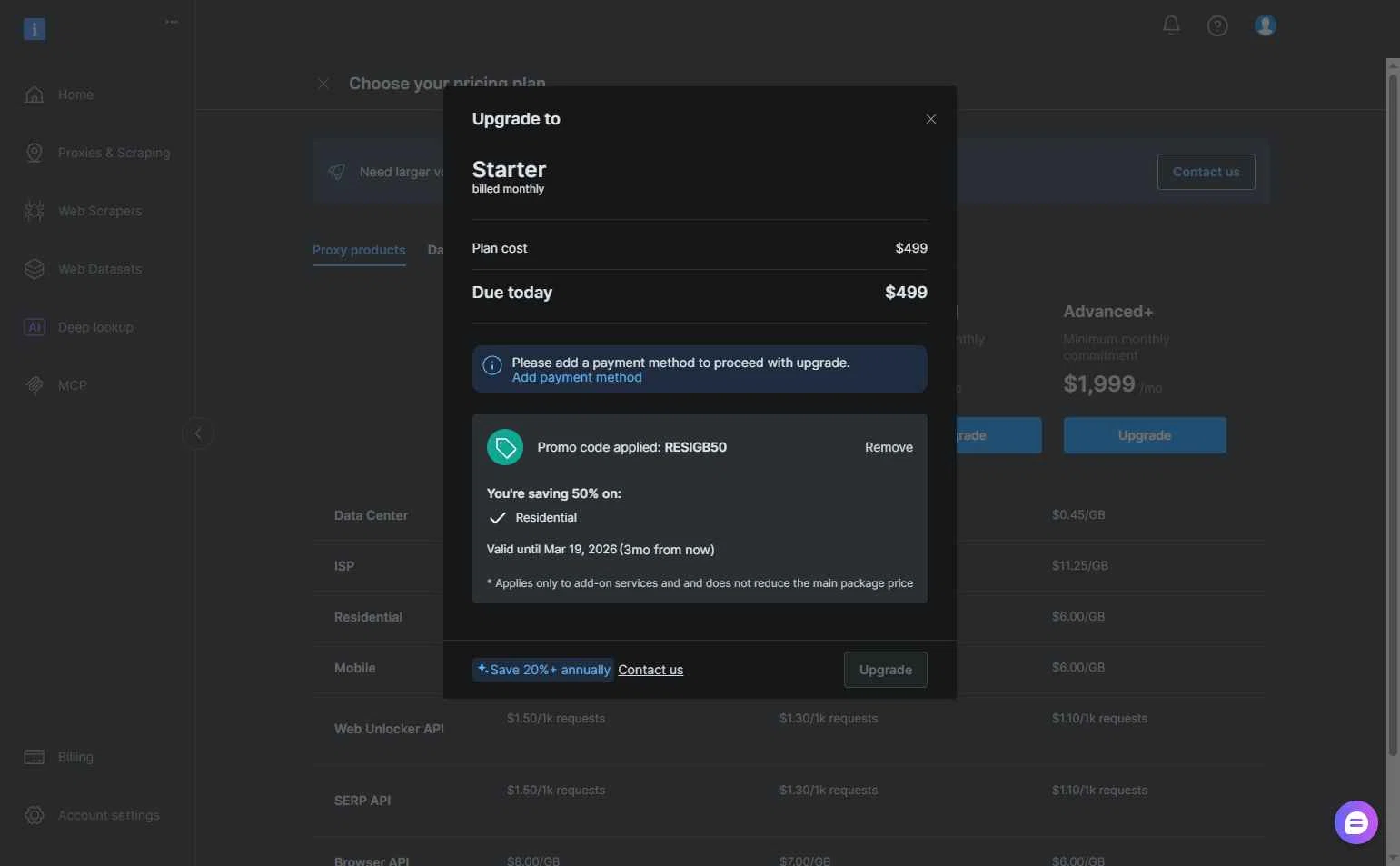 Bright Data checkout page showing Bright Data coupon code box | Screenshot taken by SimplyCodes community member on Dec 19, 2025