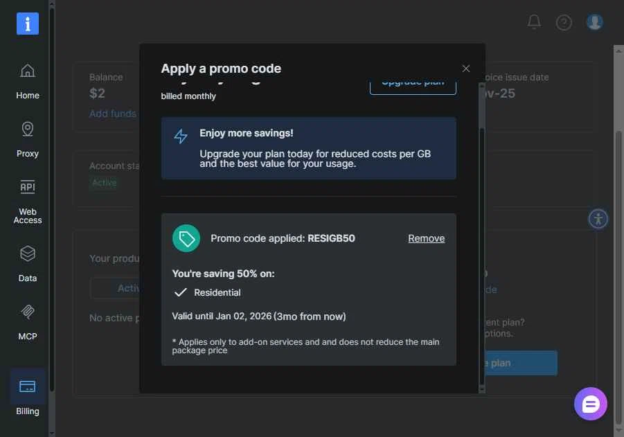 Bright Data checkout page showing Bright Data coupon code box | Screenshot taken by SimplyCodes community member on Oct 4, 2025