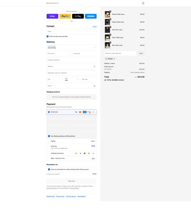 Brightech checkout page showing Brightech promo code box | Screenshot taken by SimplyCodes community member on Sep 7, 2025