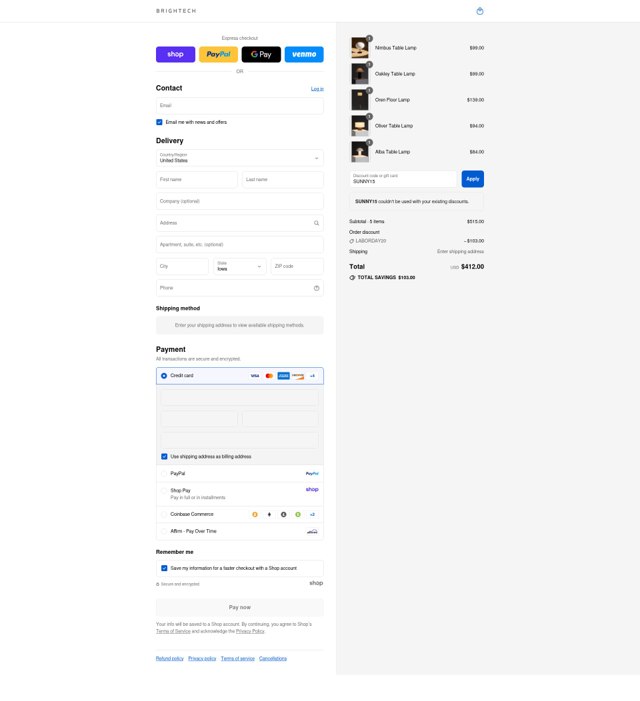 Brightech checkout page showing Brightech promo code box | Screenshot taken by SimplyCodes community member on Sep 7, 2025