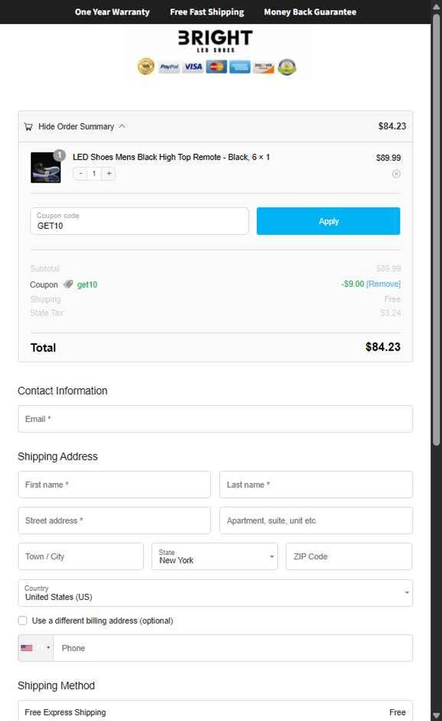 Bright LED Shoes checkout page showing Bright LED Shoes coupon code box | Screenshot taken by SimplyCodes community member on Jun 6, 2025