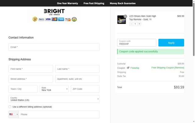 Bright LED Shoes checkout page showing Bright LED Shoes coupon code box | Screenshot taken by SimplyCodes community member on Jun 6, 2025