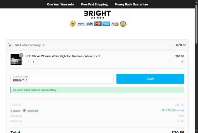 Bright LED Shoes checkout page showing Bright LED Shoes coupon code box | Screenshot taken by SimplyCodes community member on Jun 9, 2025