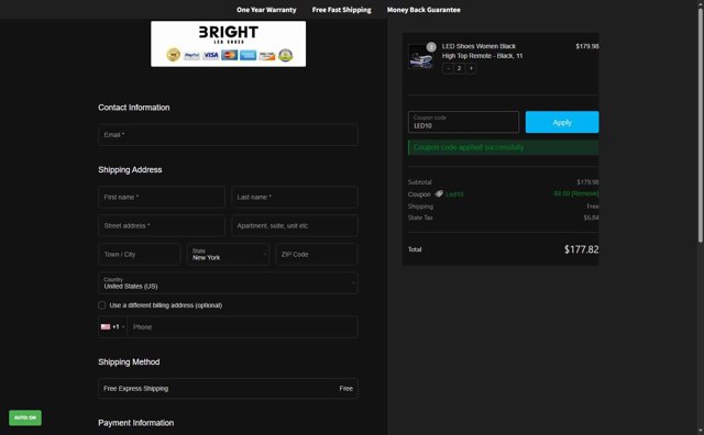 Bright LED Shoes checkout page showing Bright LED Shoes coupon code box | Screenshot taken by SimplyCodes community member on Aug 16, 2025