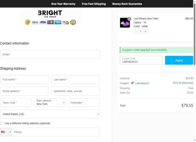 Bright LED Shoes checkout page showing Bright LED Shoes coupon code box | Screenshot taken by SimplyCodes community member on Jul 3, 2025