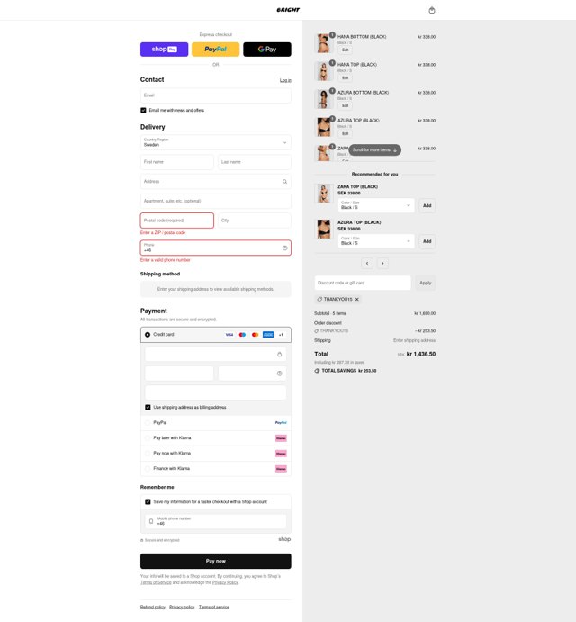 Bright Swimwear checkout page showing Bright Swimwear discount code box | Screenshot taken by SimplyCodes community member on Aug 26, 2025