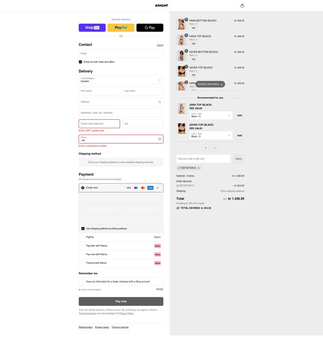 Bright Swimwear checkout page showing Bright Swimwear discount code box | Screenshot taken by SimplyCodes community member on Aug 26, 2025