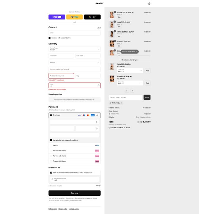 Bright Swimwear checkout page showing Bright Swimwear discount code box | Screenshot taken by SimplyCodes community member on Aug 26, 2025