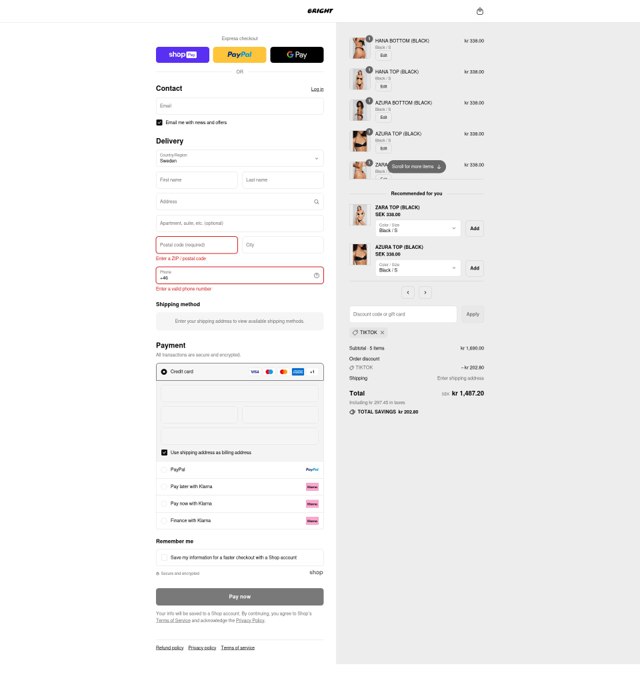 Bright Swimwear checkout page showing Bright Swimwear discount code box | Screenshot taken by SimplyCodes community member on Aug 26, 2025