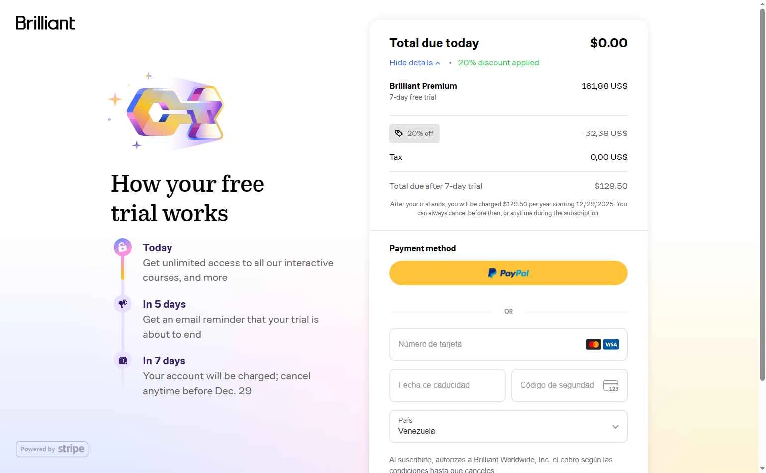 Brilliant checkout page showing Brilliant discount code box | Screenshot taken by SimplyCodes community member on Dec 22, 2025