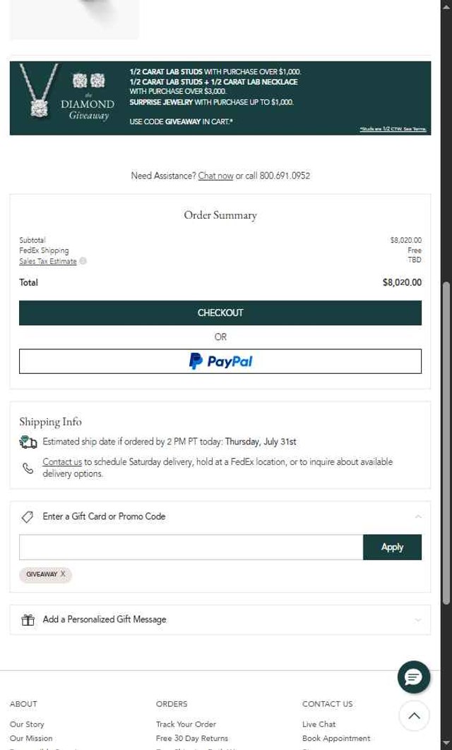 Brilliant Earth checkout page showing Brilliant Earth promo code box | Screenshot taken by SimplyCodes community member on Jul 17, 2025