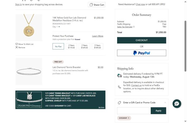 Brilliant Earth checkout page showing Brilliant Earth promo code box | Screenshot taken by SimplyCodes community member on Aug 8, 2025