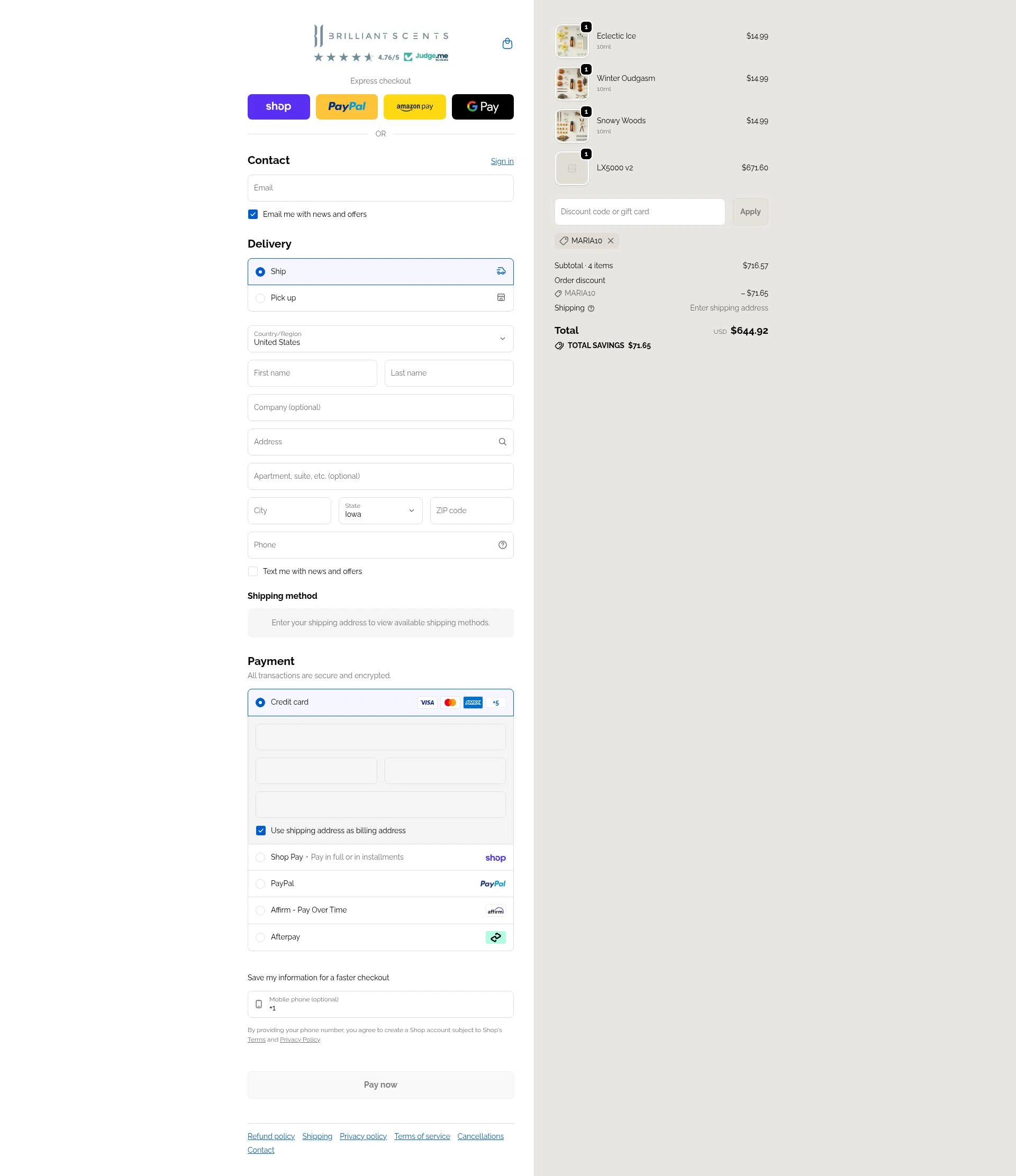 Brilliant Scents checkout page showing Brilliant Scents coupon code box | Screenshot taken by SimplyCodes community member on Feb 5, 2026