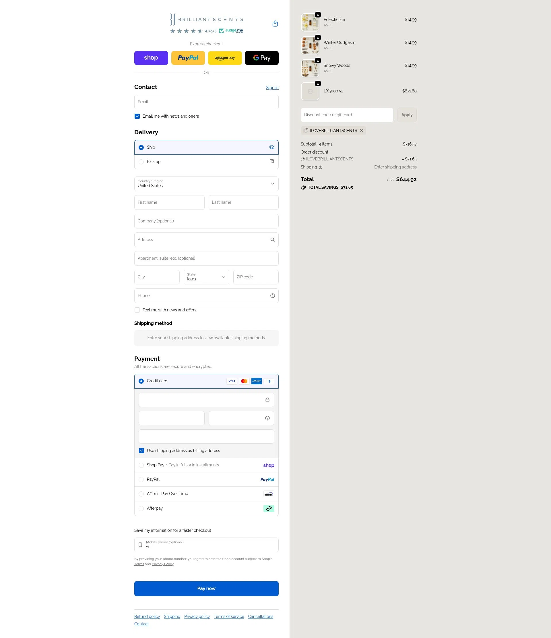 Brilliant Scents checkout page showing Brilliant Scents coupon code box | Screenshot taken by SimplyCodes community member on Feb 5, 2026