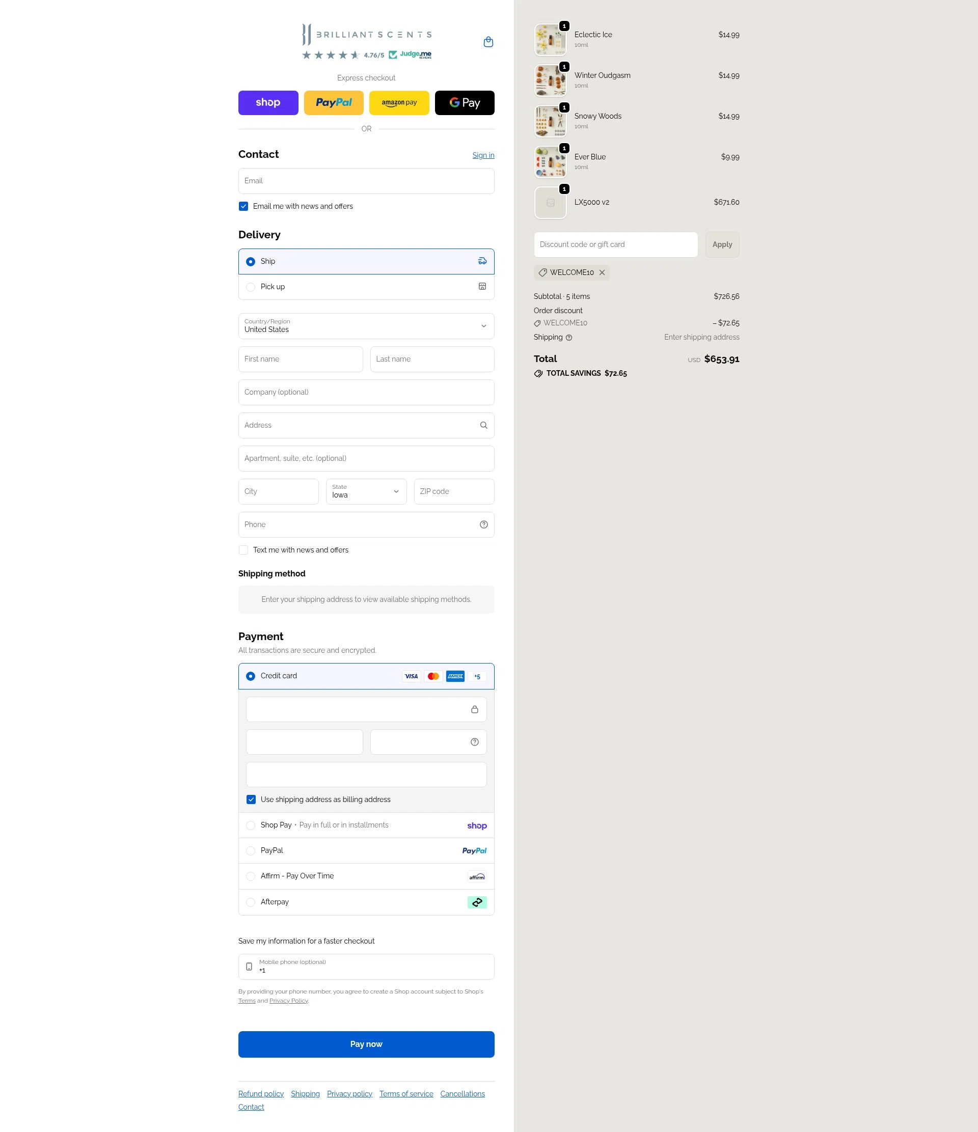 Brilliant Scents checkout page showing Brilliant Scents coupon code box | Screenshot taken by SimplyCodes community member on Feb 1, 2026