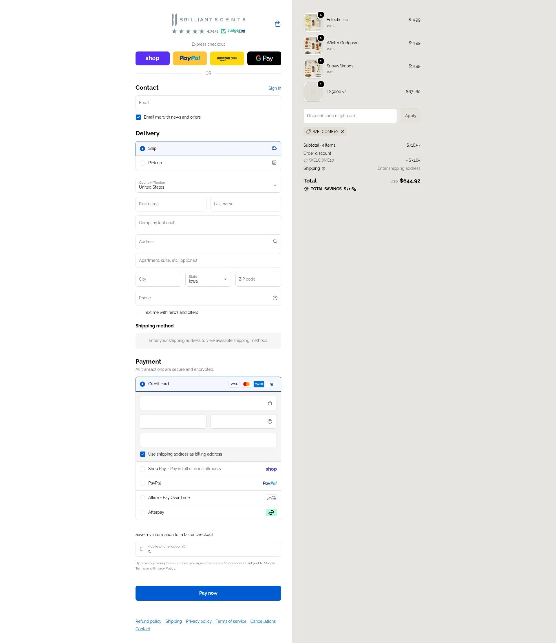 Brilliant Scents checkout page showing Brilliant Scents coupon code box | Screenshot taken by SimplyCodes community member on Feb 5, 2026
