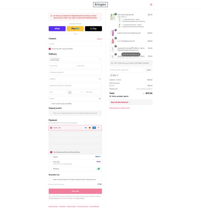 Briogeo Hair Care checkout page showing Briogeo Hair Care promo code box | Screenshot taken by SimplyCodes community member on Sep 10, 2025