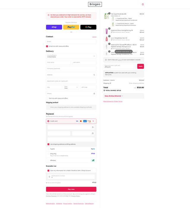 Briogeo Hair Care checkout page showing Briogeo Hair Care promo code box | Screenshot taken by SimplyCodes community member on Sep 6, 2025