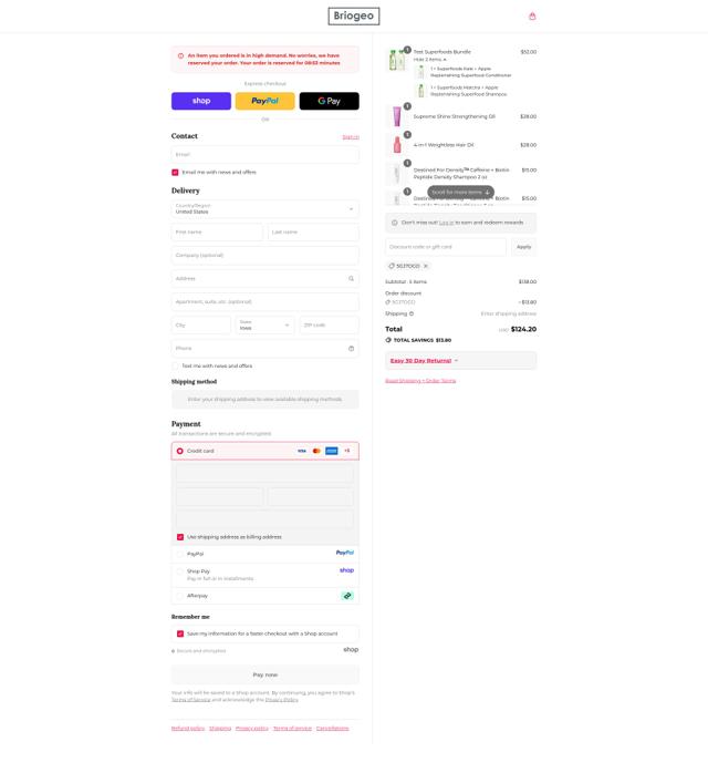 Briogeo Hair Care checkout page showing Briogeo Hair Care promo code box | Screenshot taken by SimplyCodes community member on Sep 10, 2025