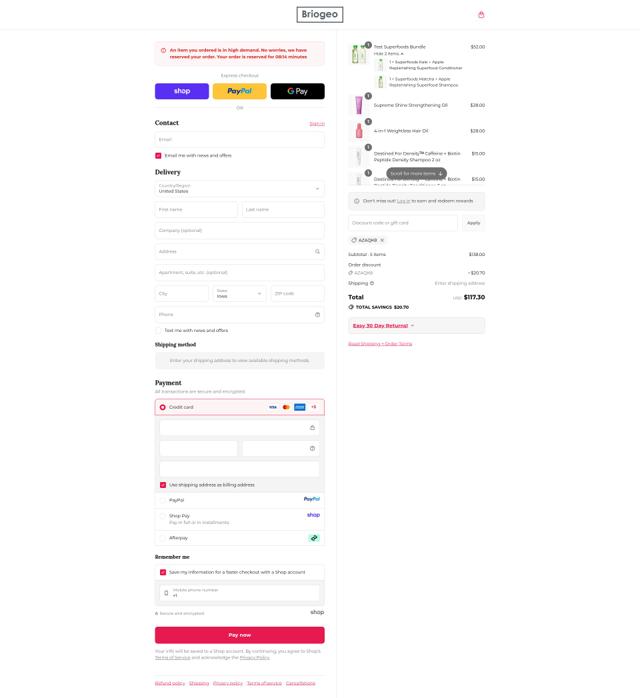 Briogeo Hair Care checkout page showing Briogeo Hair Care promo code box | Screenshot taken by SimplyCodes community member on Sep 10, 2025