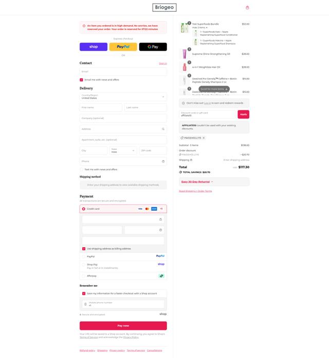 Briogeo Hair Care checkout page showing Briogeo Hair Care promo code box | Screenshot taken by SimplyCodes community member on Sep 10, 2025