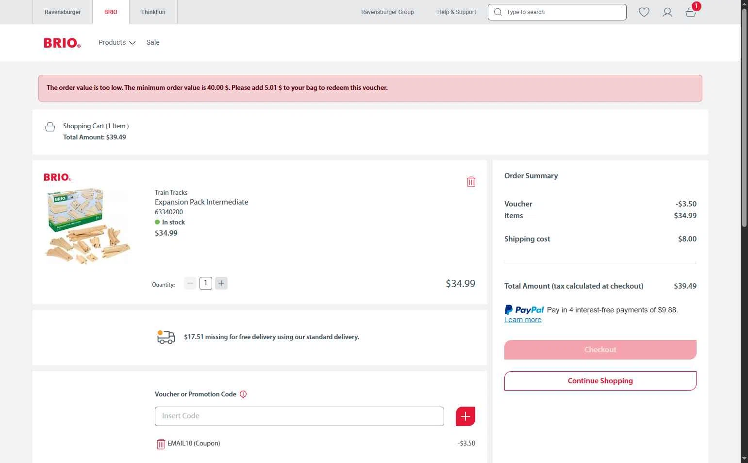 BRIO checkout page showing BRIO promo code box | Screenshot taken by SimplyCodes community member on Jul 12, 2025