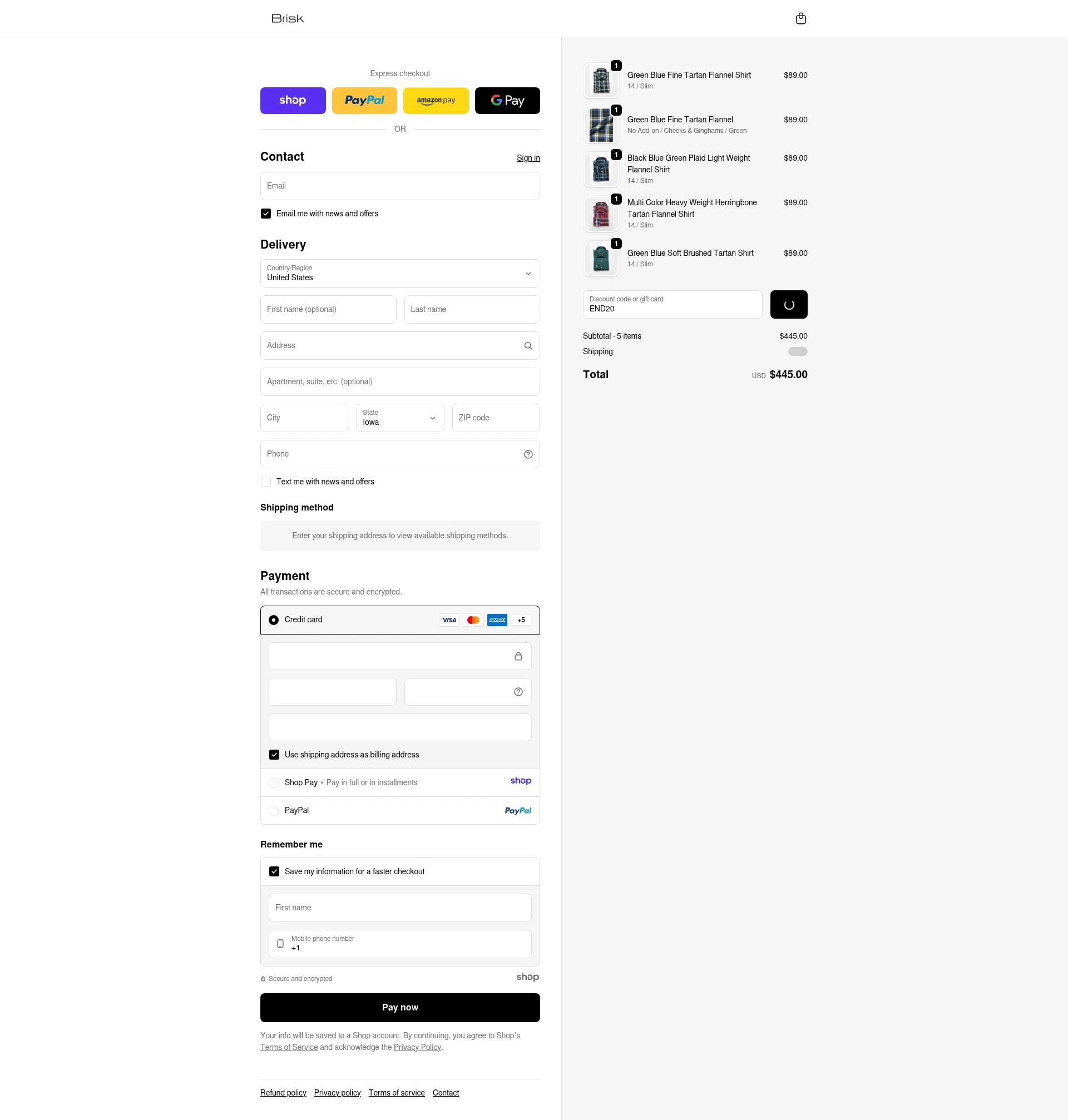 Brisk Shirts checkout page showing Brisk Shirts promo code box | Screenshot taken by SimplyCodes community member on Dec 24, 2025