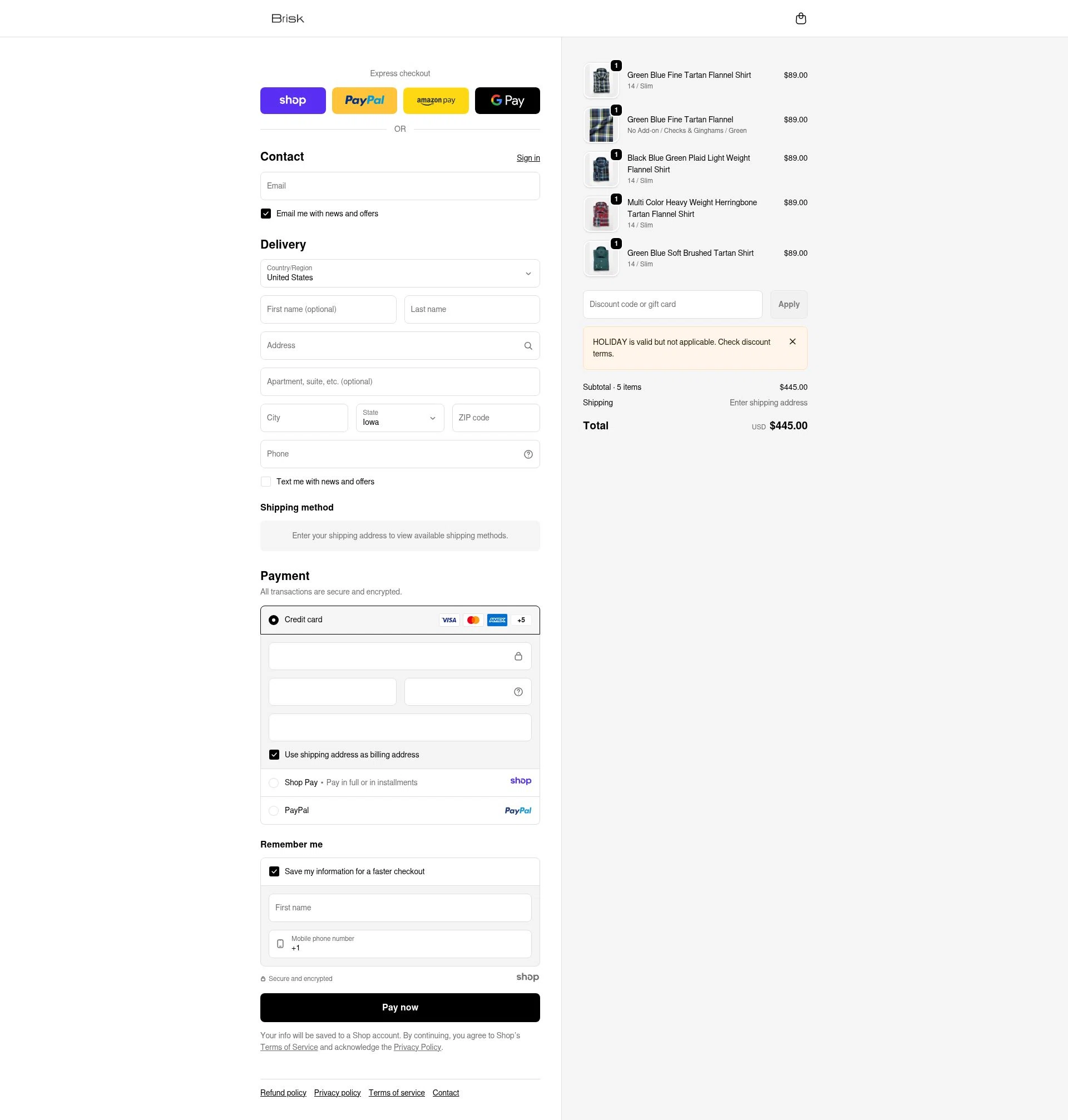 Brisk Shirts checkout page showing Brisk Shirts promo code box | Screenshot taken by SimplyCodes community member on Dec 28, 2025