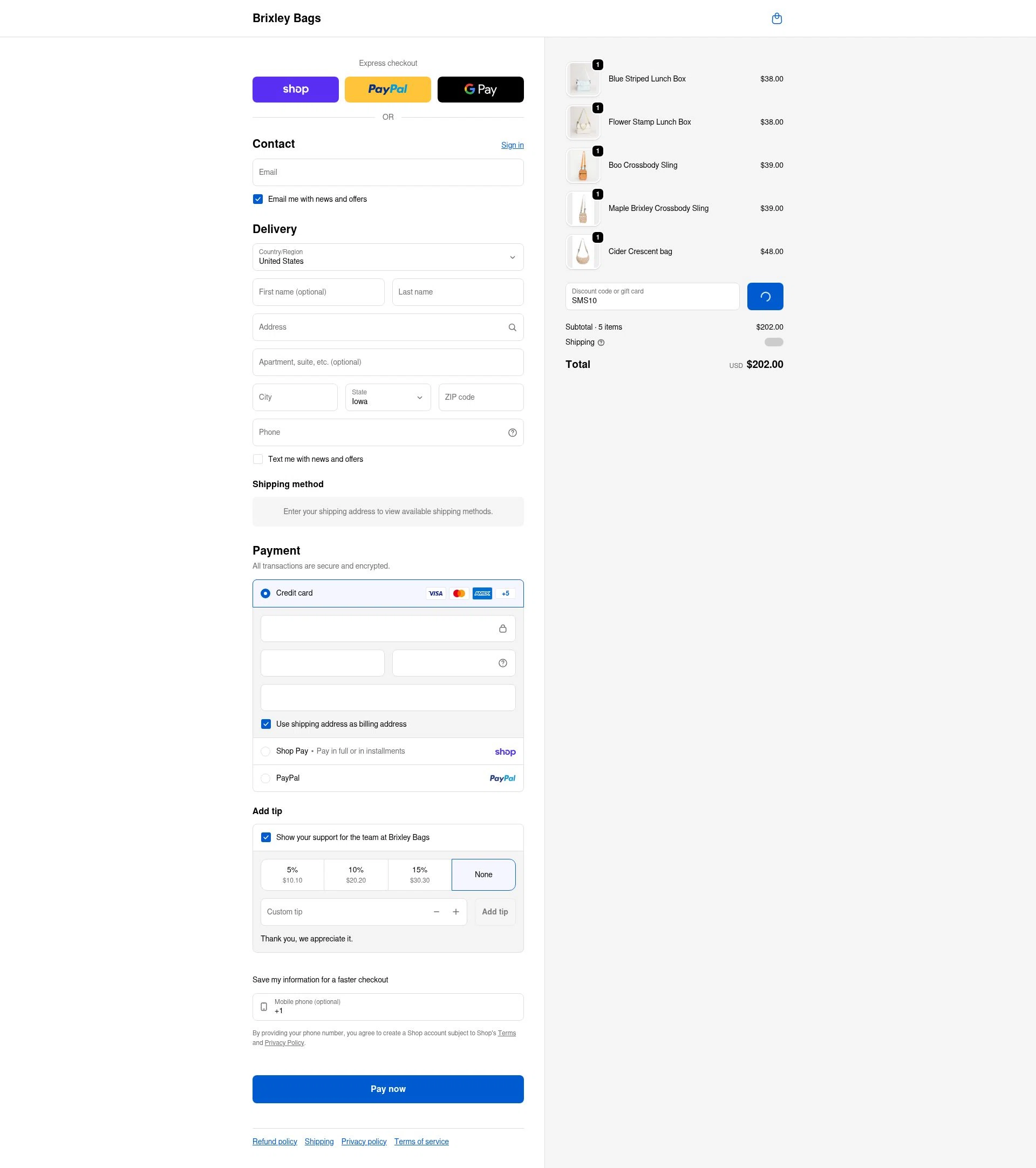 Brixley Bags checkout page showing Brixley Bags discount code box | Screenshot taken by SimplyCodes community member on Feb 6, 2026